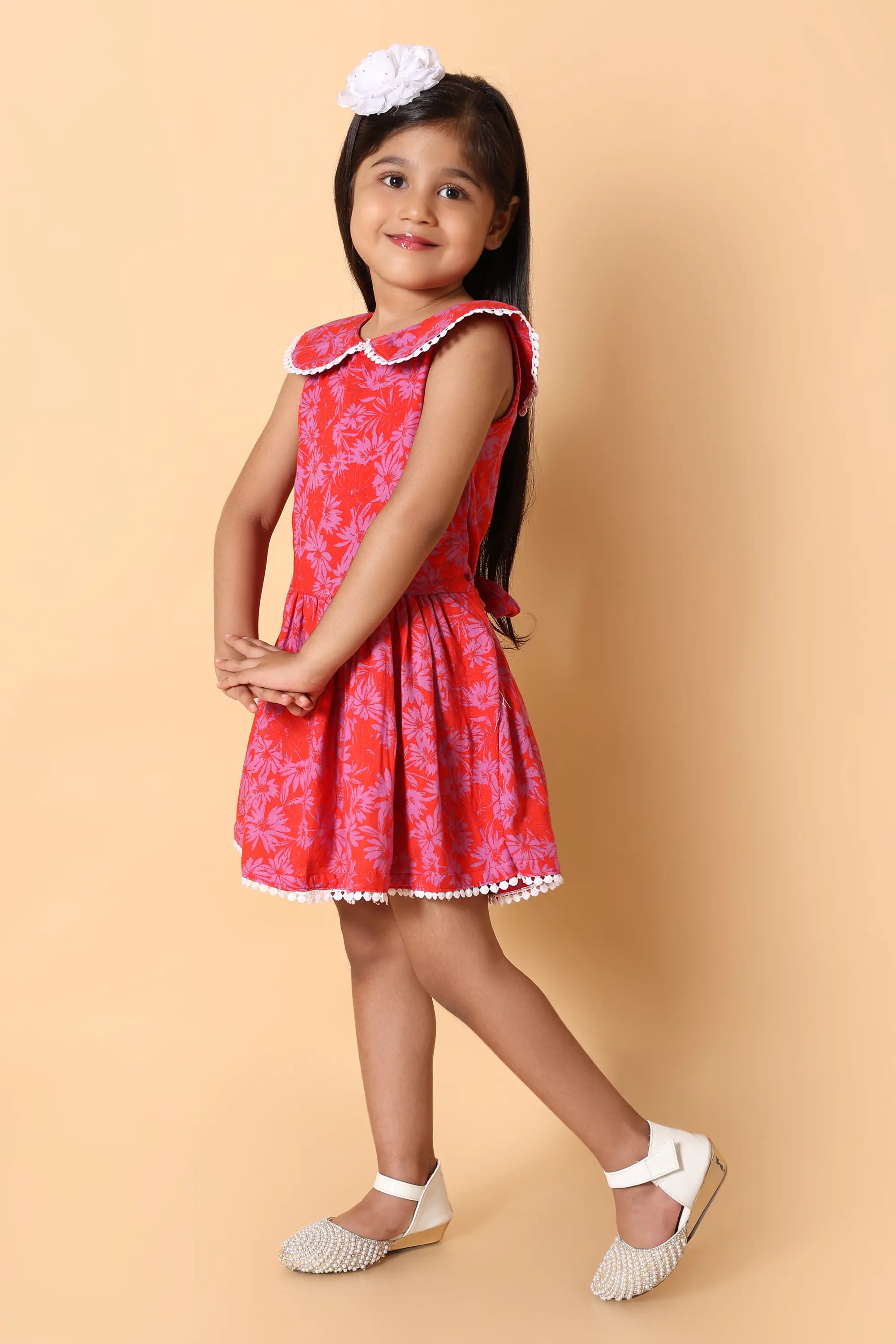 Front view – girls red floral printed dress, summer cotton blend