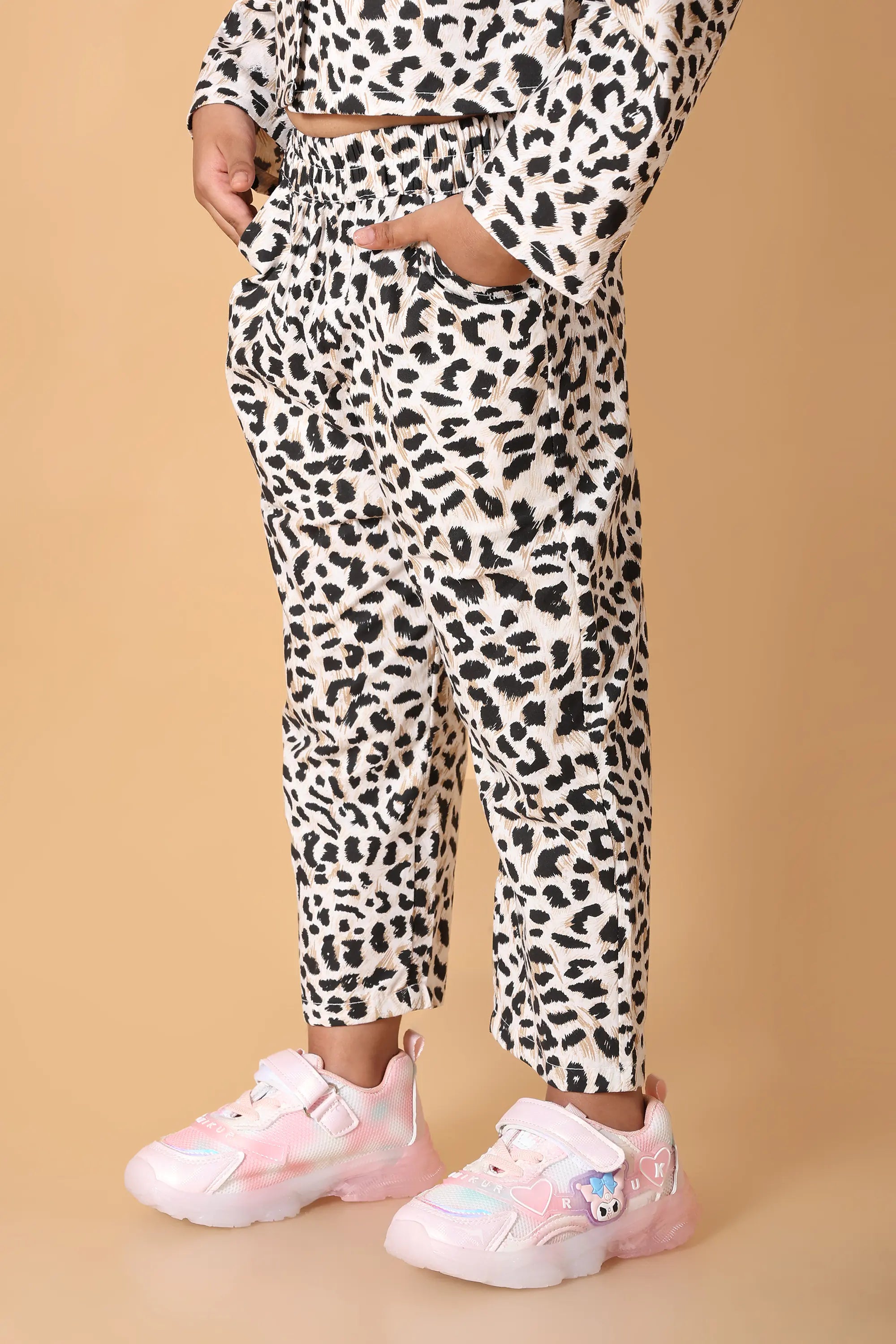 Lifestyle pose – party wear girls leopard co-ord set, ages 2–8