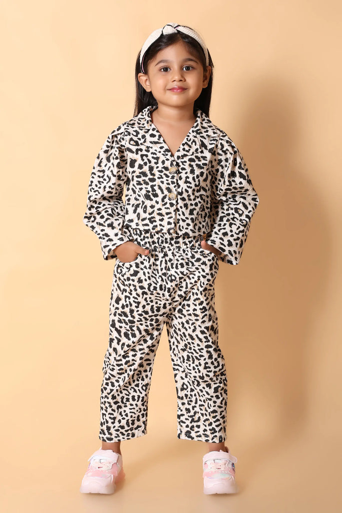 Girls leopard print co-ord set – long‑sleeve shirt & pants, trendy kids wear