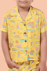 Back view – boys food print co-ords, elastic waist shorts for comfort