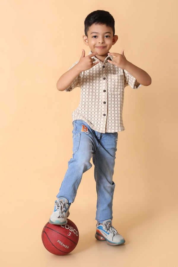 Beige Diamond Print Shirt – Kids Dress for Boys - Bebe Unicorn