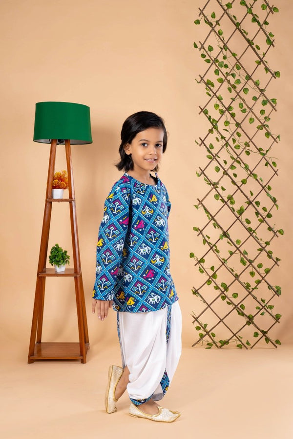 Blue Tribal Print Kurta Dhoti Set – Diwali Ethnic Wear for Boys|4 year boy dress - Bebe Unicorn