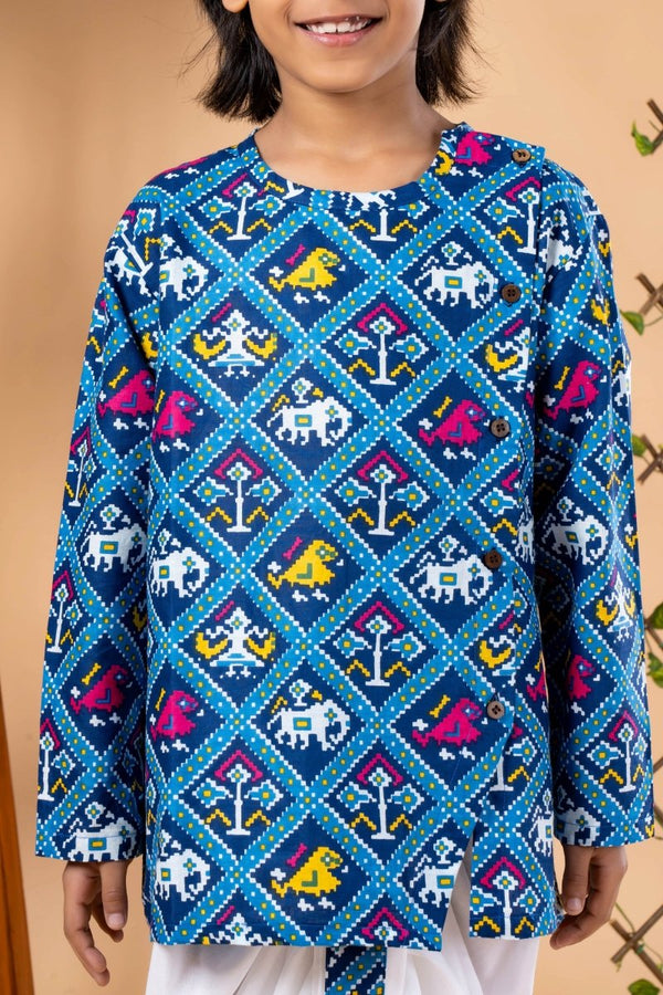Blue Tribal Print Kurta Dhoti Set – Diwali Ethnic Wear for Boys|4 year boy dress - Bebe Unicorn
