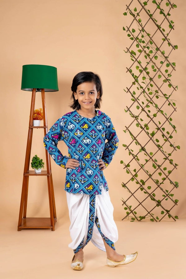 Blue Tribal Print Kurta Dhoti Set – Diwali Ethnic Wear for Boys|4 year boy dress - Bebe Unicorn