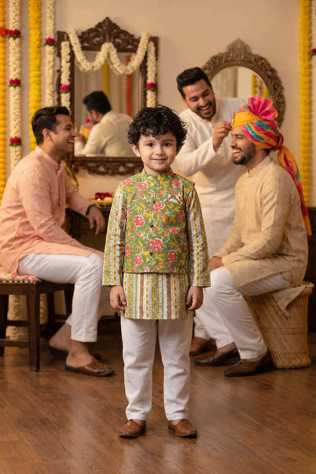 Boys Parrot Green Kurta Pyjama with Nehru Jacket