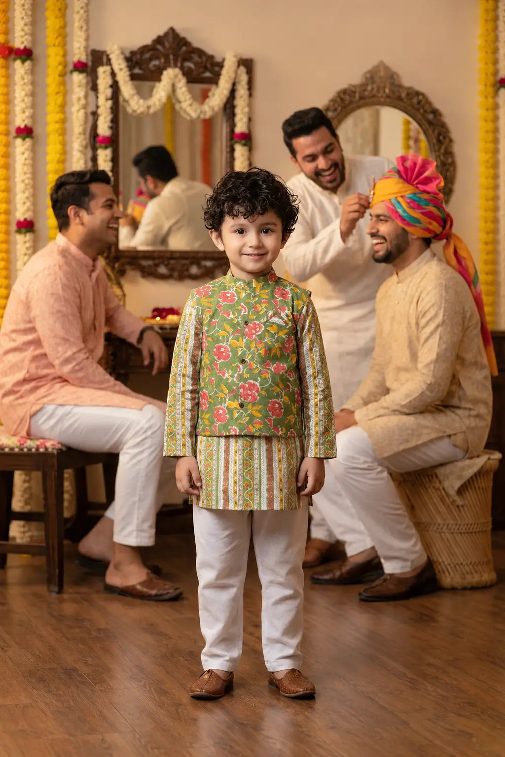 Fresh Sophistication: Boys' Floral Print Parrot Green Short Kurta with Nehru Jacket Set