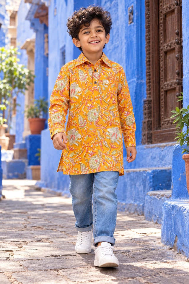 Boys Mustard Floral Print Cotton Kurta