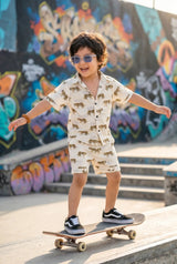 Boys tiger casual outfit — complete shirt + shorts set with side pockets, bold tiger lover outfit, everyday wear. 100% cotton, ₹699, sizes 2-8 years