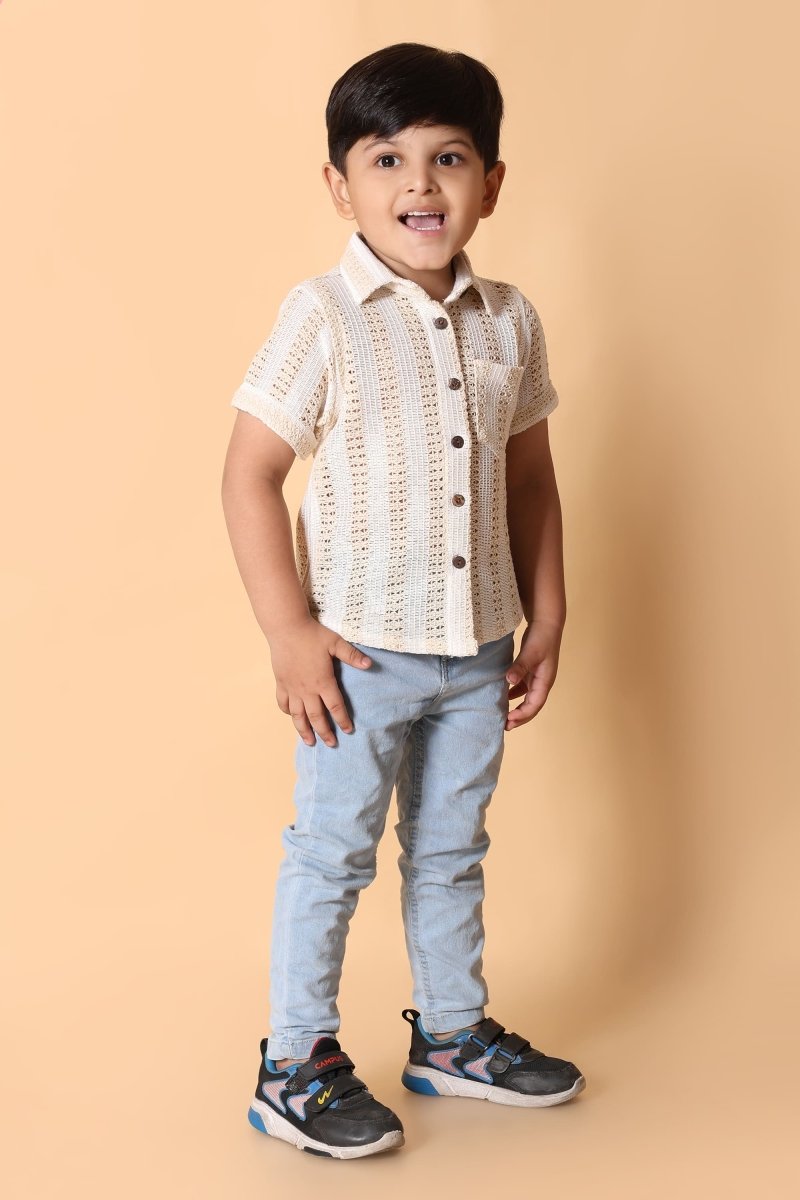 Cream Crochet Shirt – Elegant 4 Year Boy Dress Top - Bebe Unicorn