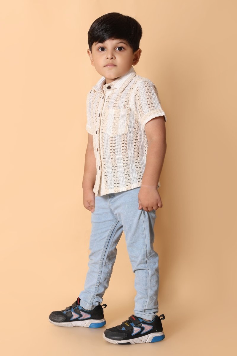 Cream Crochet Shirt – Elegant 4 Year Boy Dress Top - Bebe Unicorn