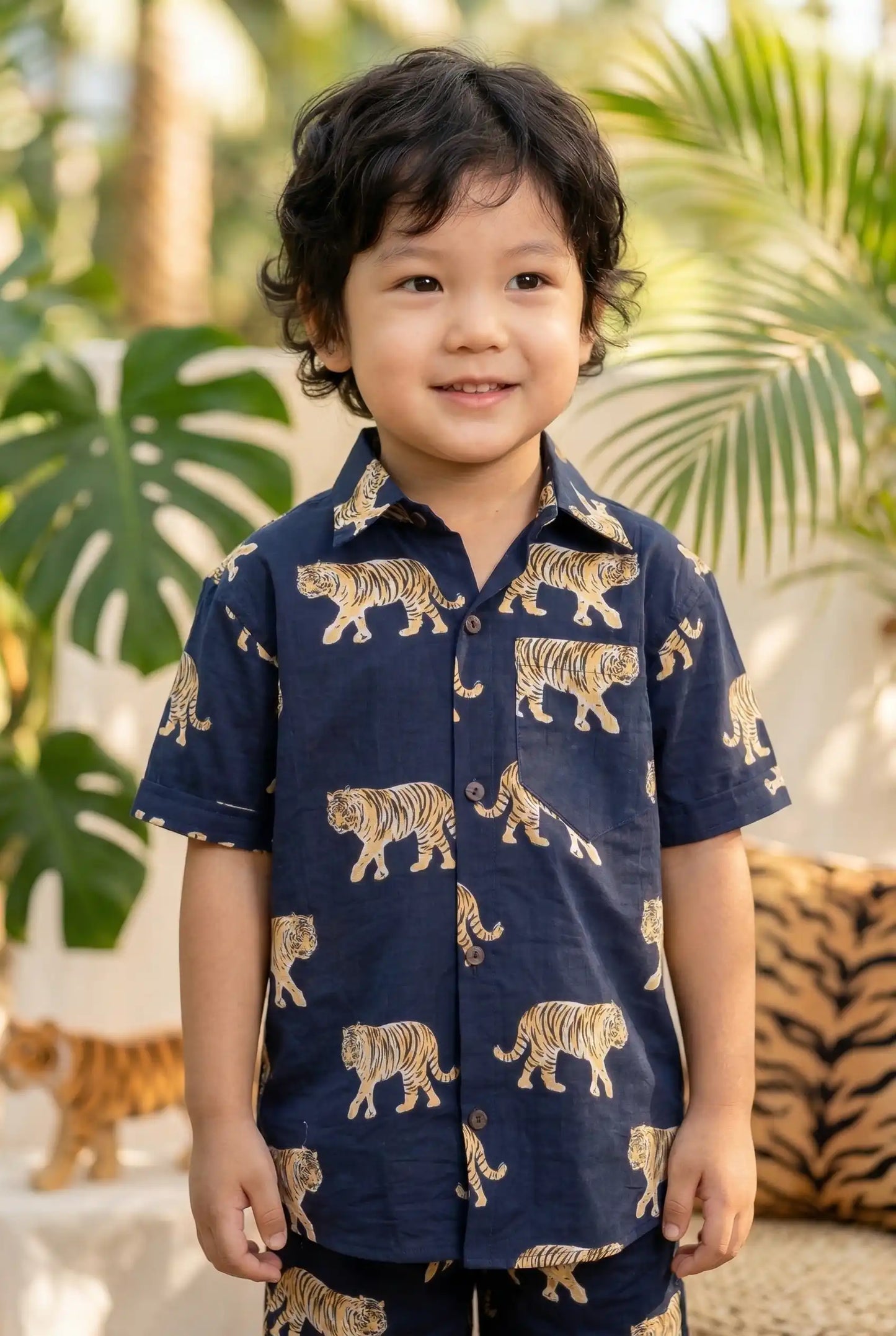Boys Navy Bengal Tiger Print 100% Cotton Coord Set