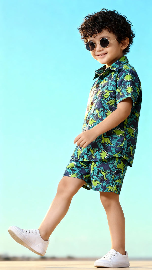 Green Dino Printed Pure Cotton Boys Shirt & Shorts Co-ord Set