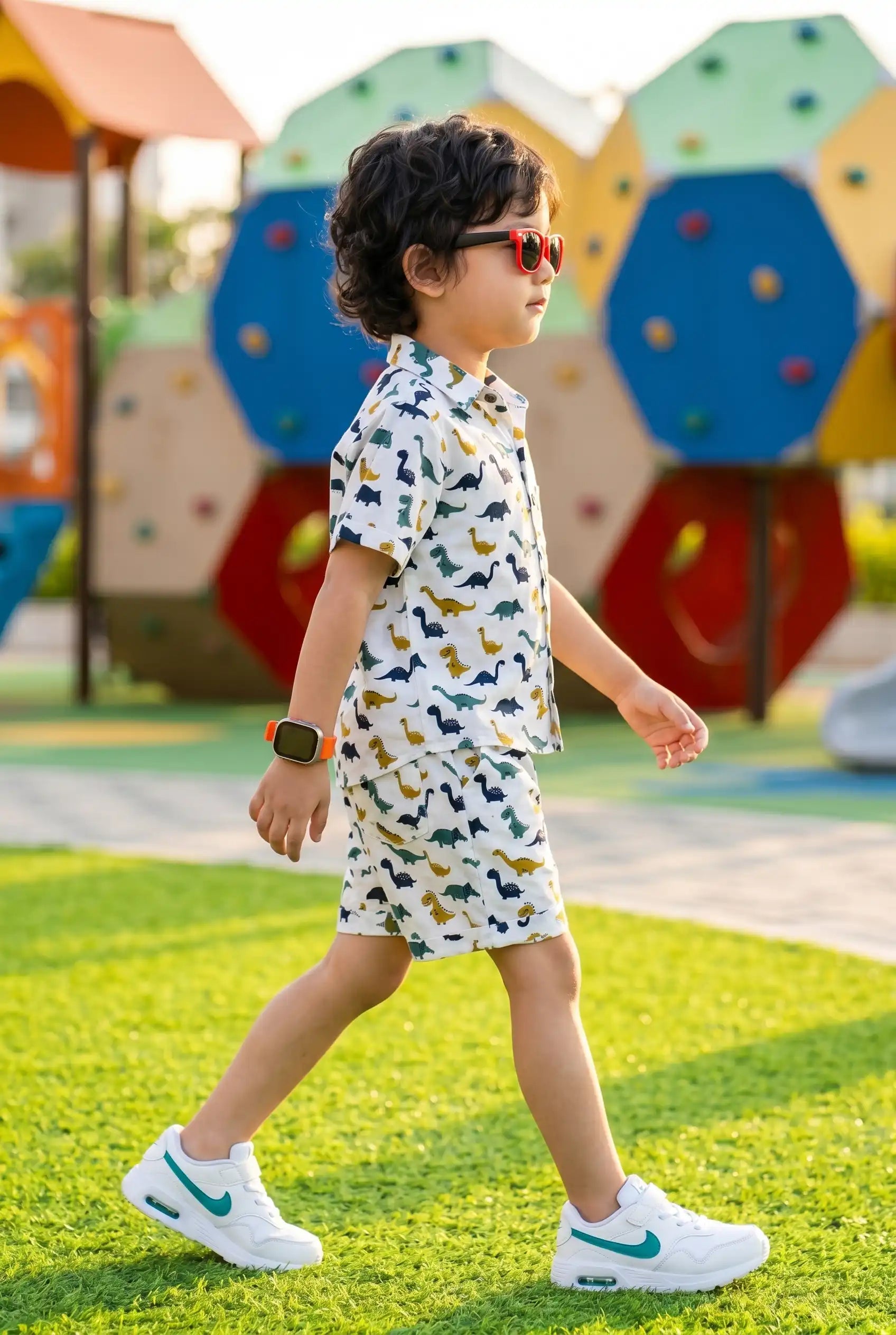 Boys dinosaur casual outfit with matching shirt & shorts, side pockets visible, perfect everyday wear school play, 100% cotton