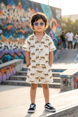 Young boy age 4-5 wearing boys tiger casual shirt + shorts set, perfect for cool kids everyday outfit, 100% cotton brown striped tigers