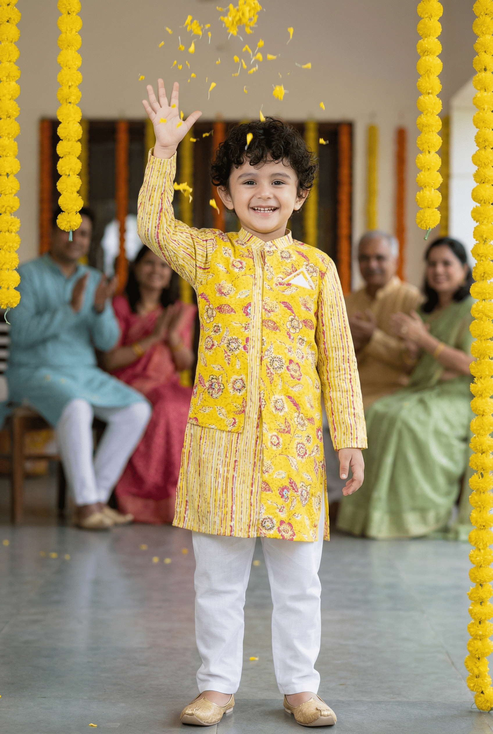 Sunny Elegance: Boys' Floral Print Yellow Color Straight Jacket Style Kurta Pyjama Set
