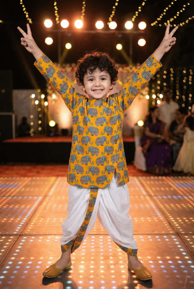 Boys Yellow Jaipuri Print Kurta Dhoti Set