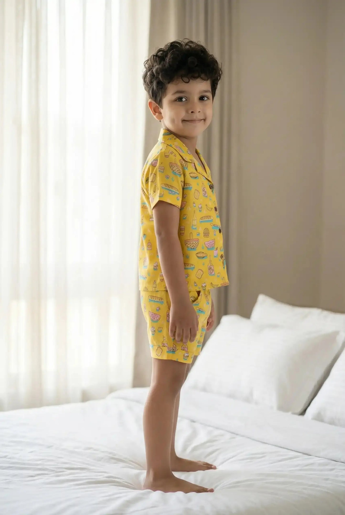 Boys Yellow Food Print Co-ord Set | Shirt & Shorts for Kids (Oversized) Bebe Unicorn