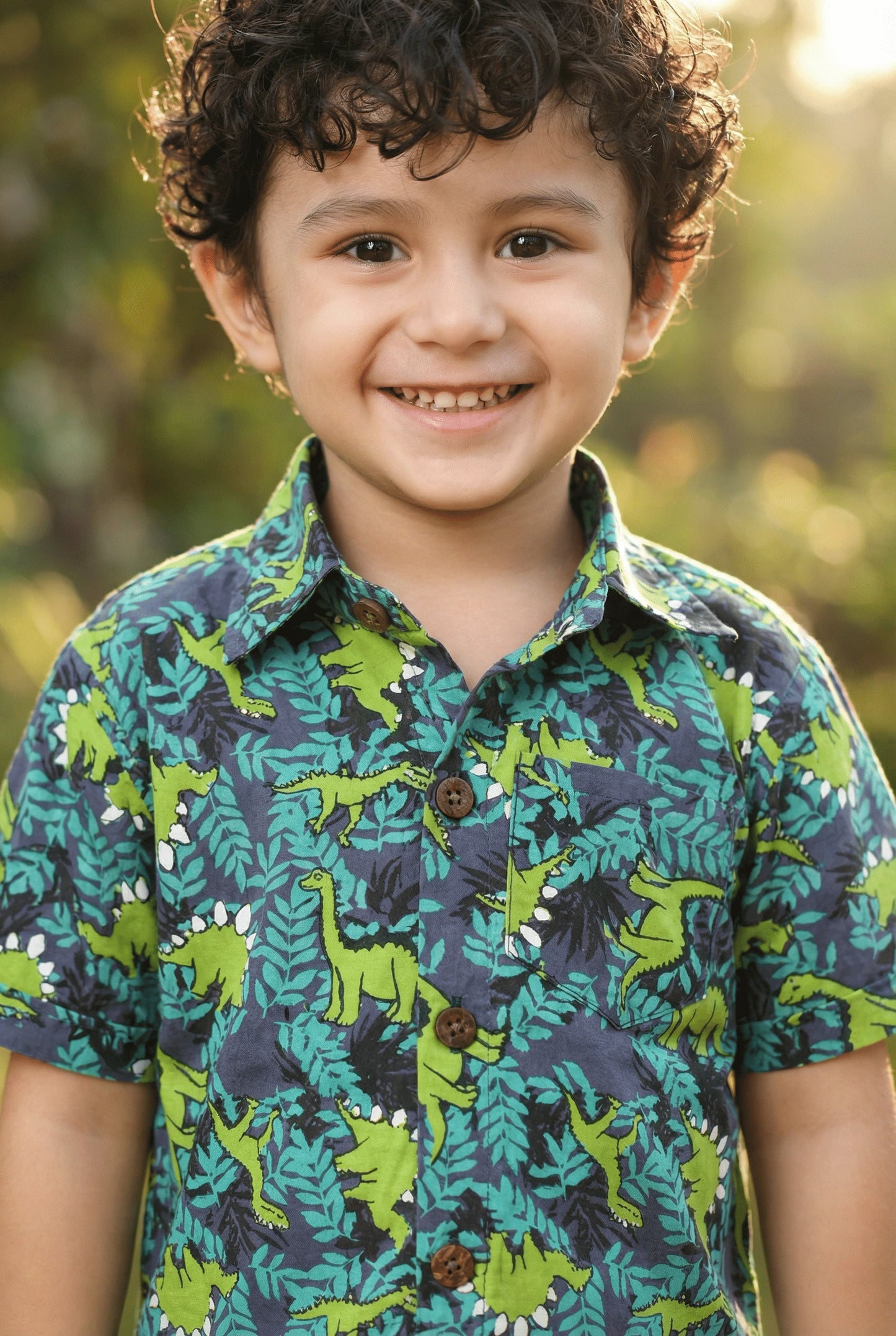 Green Dino Printed Pure Cotton Boys Shirt & Shorts Co-ord Set
