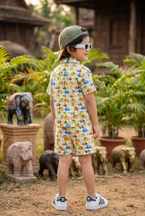 Boys elephant casual outfit — complete shirt + shorts set with dual pockets, perfect gift for birthdays, school wear, summer play. 100% cotton, dermatologist tested, made in India, ₹699, sizes 2-8 years
