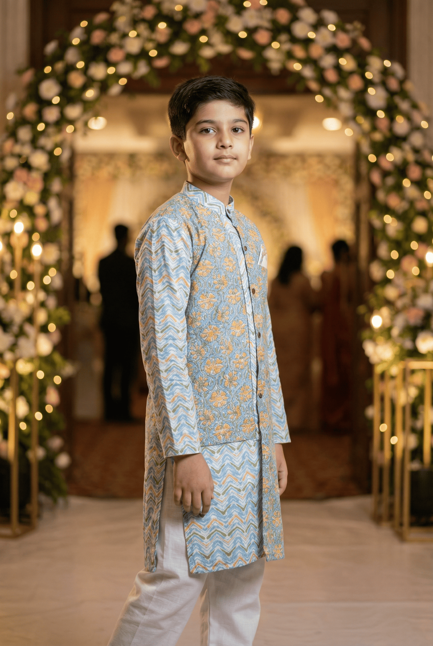 Sky Blue Floral Kurta Set for Boys
