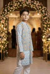 Sky Blue Floral Kurta Set for Boys