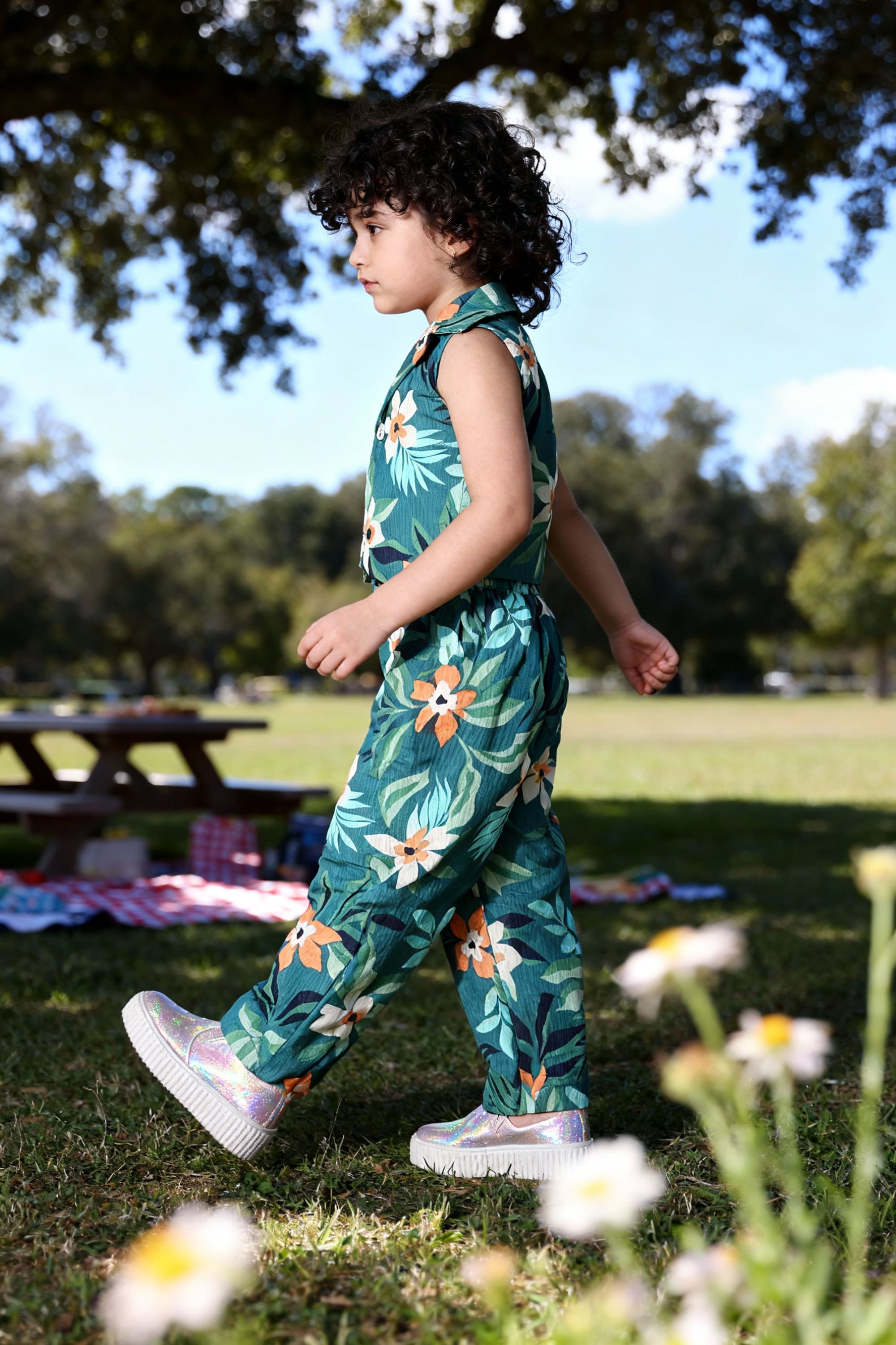 Girls Teal Tropical Floral Co-ord Set | Sleeveless Top & Pants