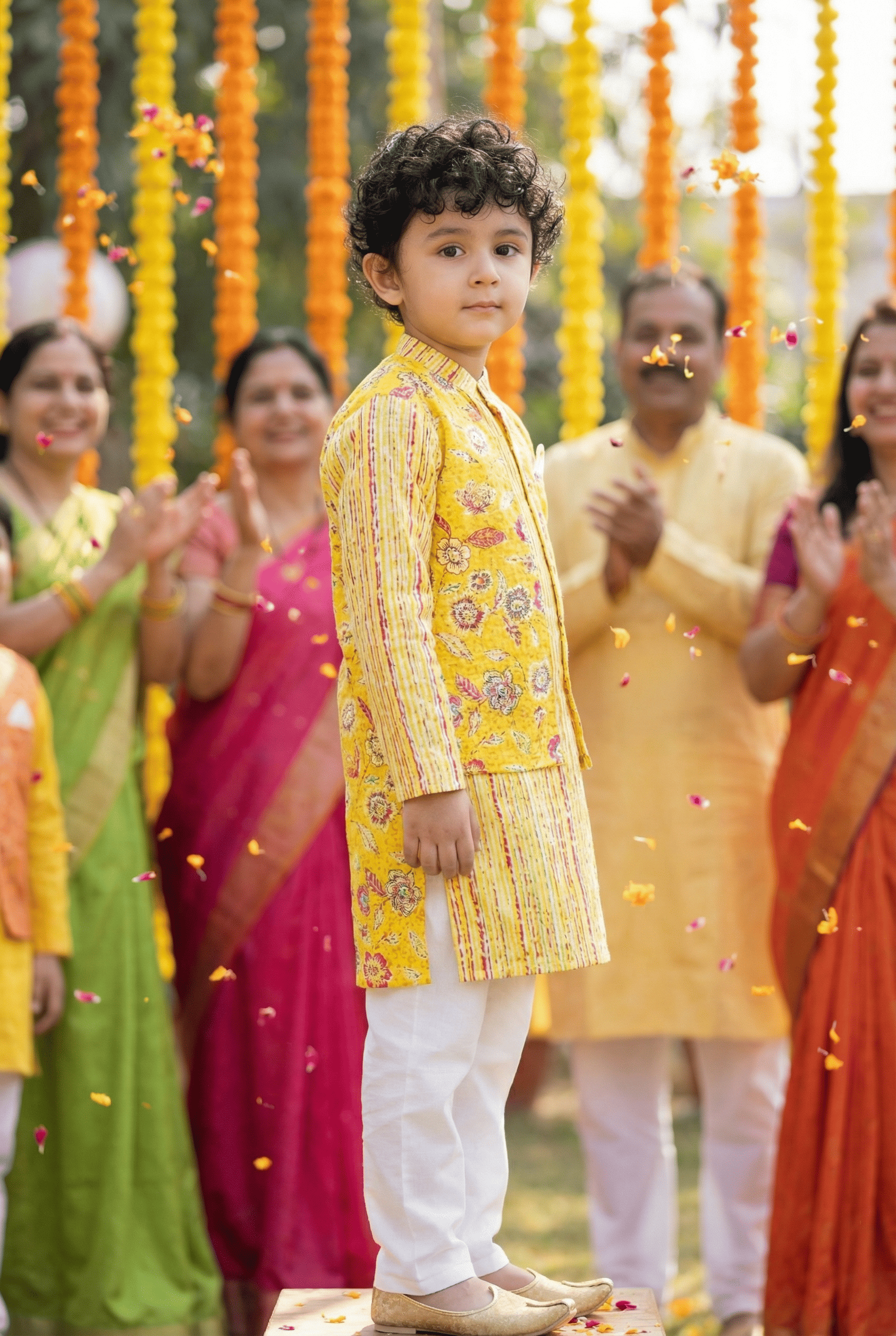 Sunny Elegance: Boys' Floral Print Yellow Color Straight Jacket Style Kurta Pyjama Set