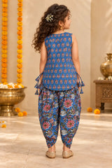 Back view of girls blue block print kurti with tassel ties and floral dhoti pants – Bebe Unicorn