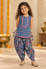 Girls blue block print kurti and floral dhoti set, full-length front view – Bebe Unicorn