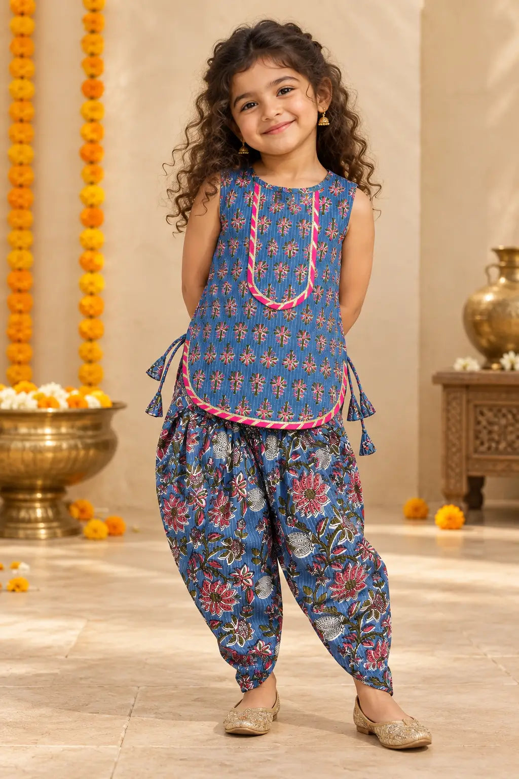 Girls blue block print kurti and floral dhoti set, full-length front view – Bebe Unicorn