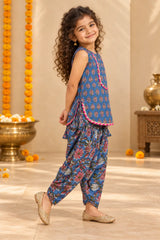 Side view of girls blue kurti dhoti set showing curved hem and dhoti drape – Bebe Unicorn
