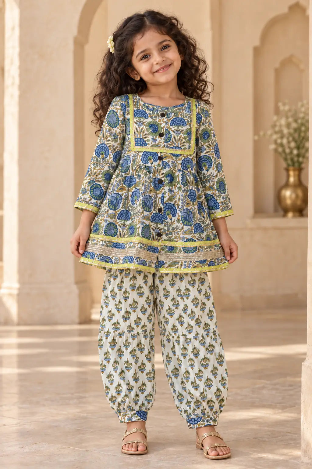 Girls Ivory Blue Floral Kurti Salwar Set