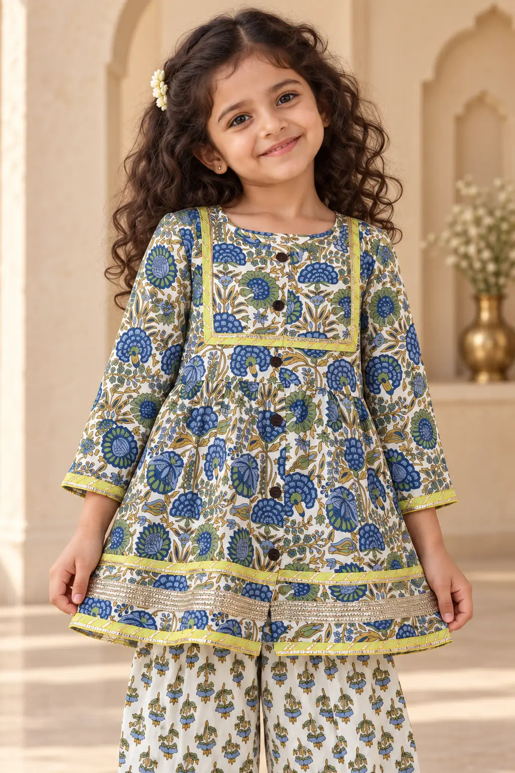 Close-up of girls floral kurti with lime green gota square yoke and button front – Bebe Unicorn