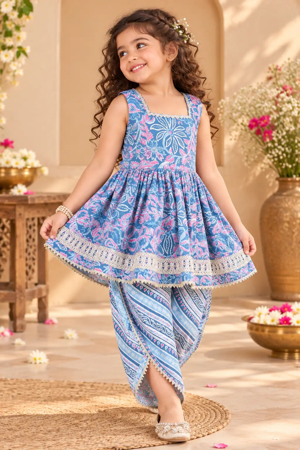 Buy Girls Kurta Dhoti Set Blue Pink Floral | Bebe Unicorn