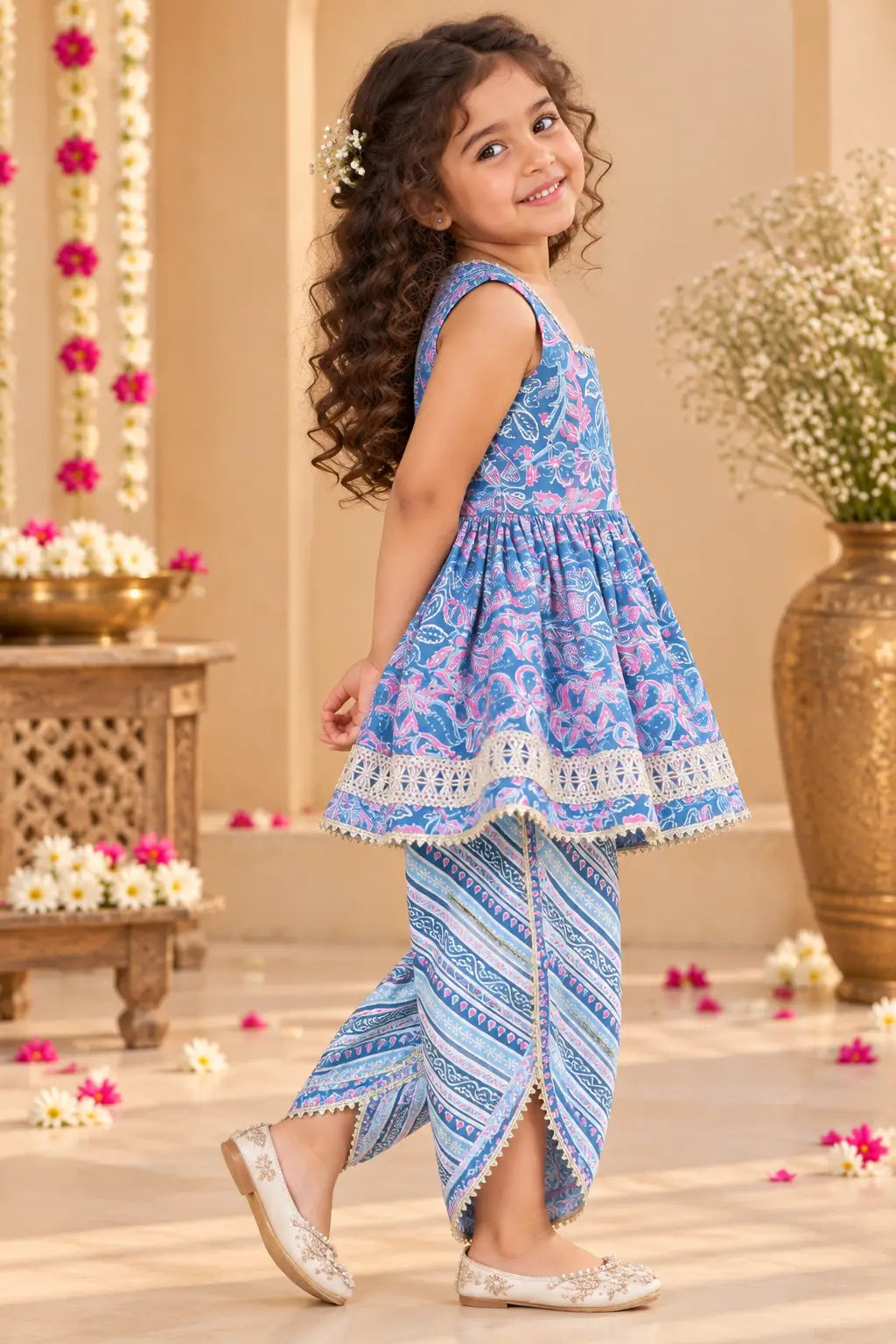 Buy Girls Kurta Dhoti Set Blue Pink Floral | Bebe Unicorn