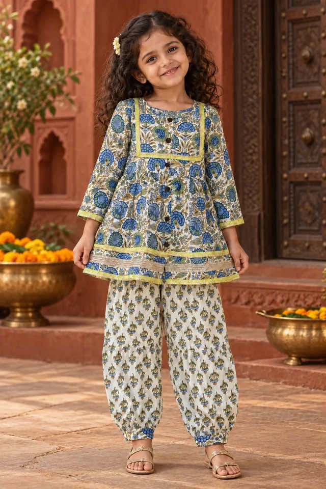 Girls Ivory Blue Floral Kurti Salwar Set