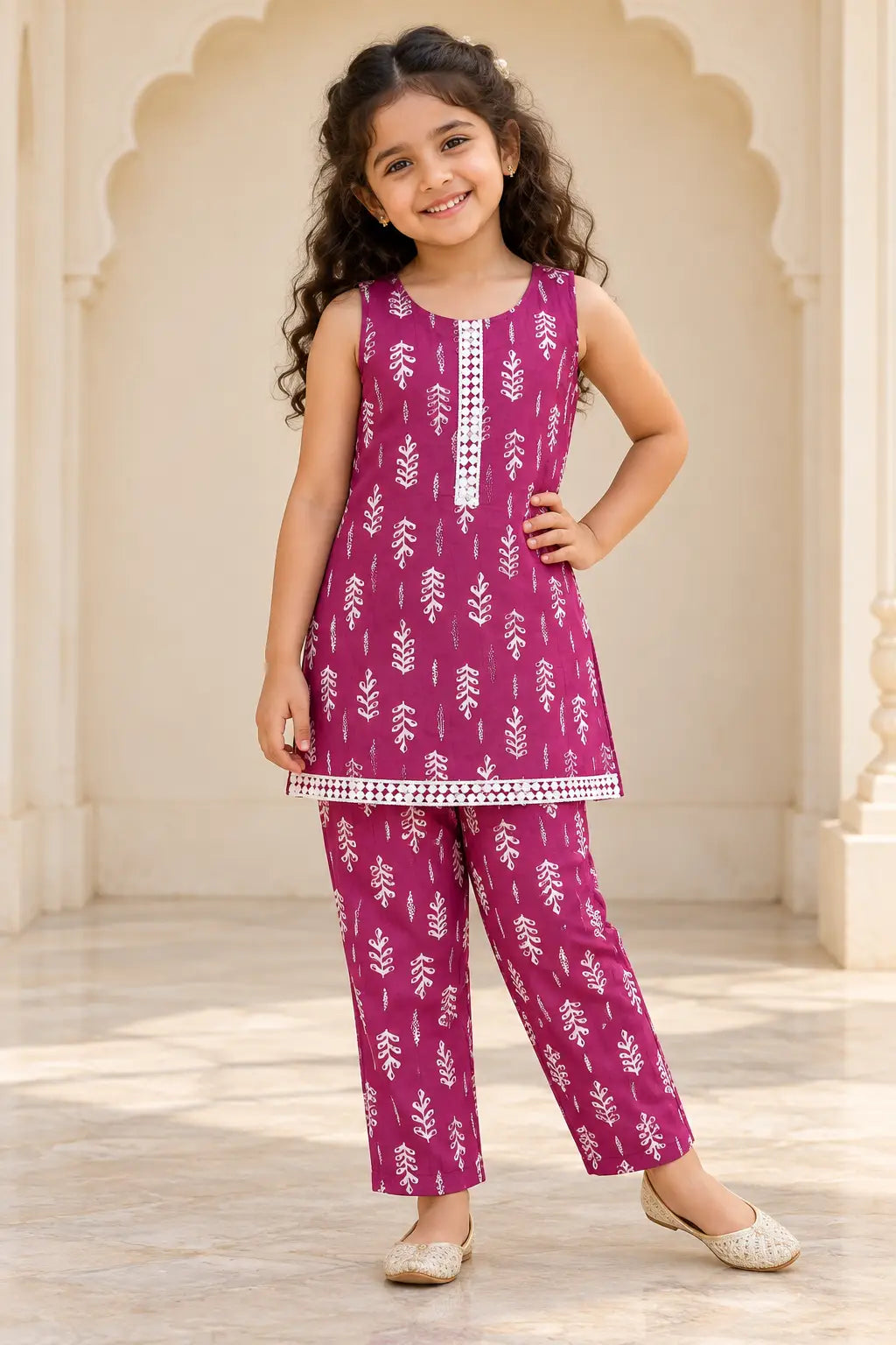 Girl in magenta leaf print sleeveless kurti with white lace placket and matching pants, front view – Bebe Unicorn