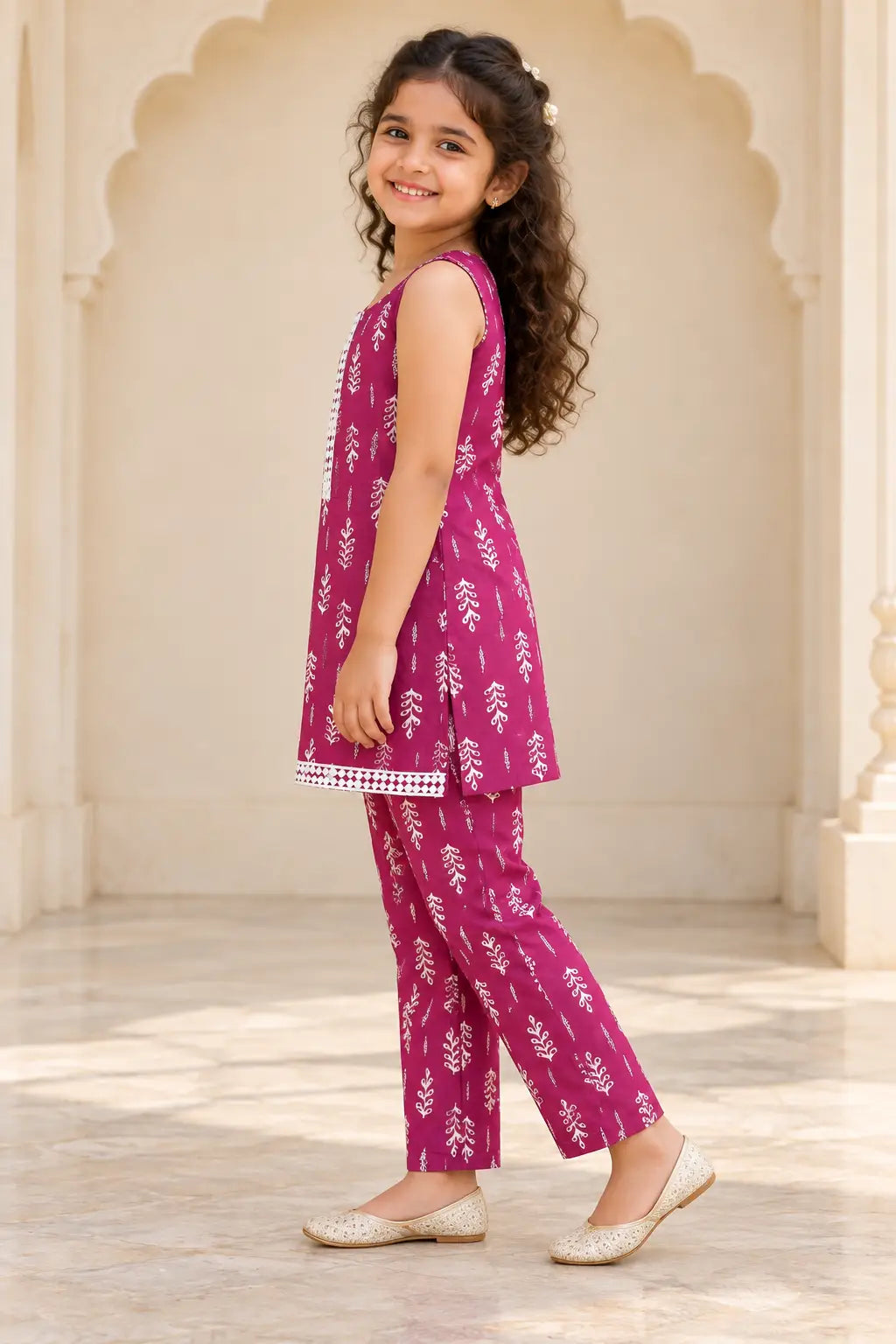 Side view of girls magenta kurti pant set showing straight fit, side slit and lace hem – Bebe Unicorn