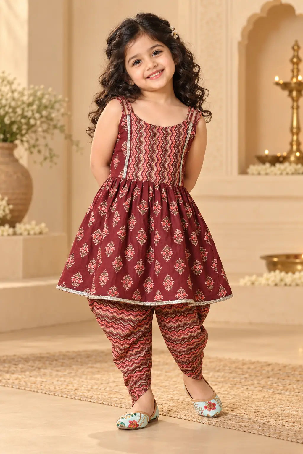 Girls Kurta Dhoti - Elegant Maroon Traditional Set (2-8Y)