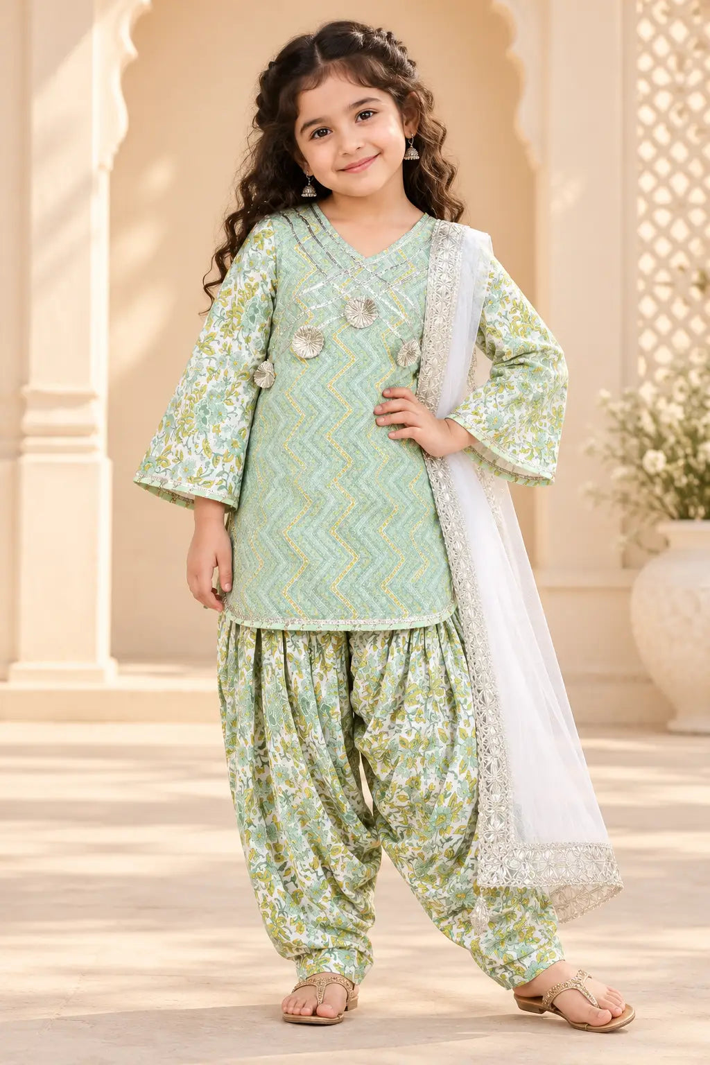 Girls green printed patiala suit – photo 1 | Bebe Unicorn