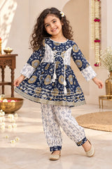 Girl in navy sunflower print kurti with lace-up dori and ivory afghani salwar, full-length front view – Bebe Unicorn