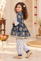 Side view of girls navy sunflower kurti salwar set showing anarkali flare and gold gota hem – Bebe Unicorn