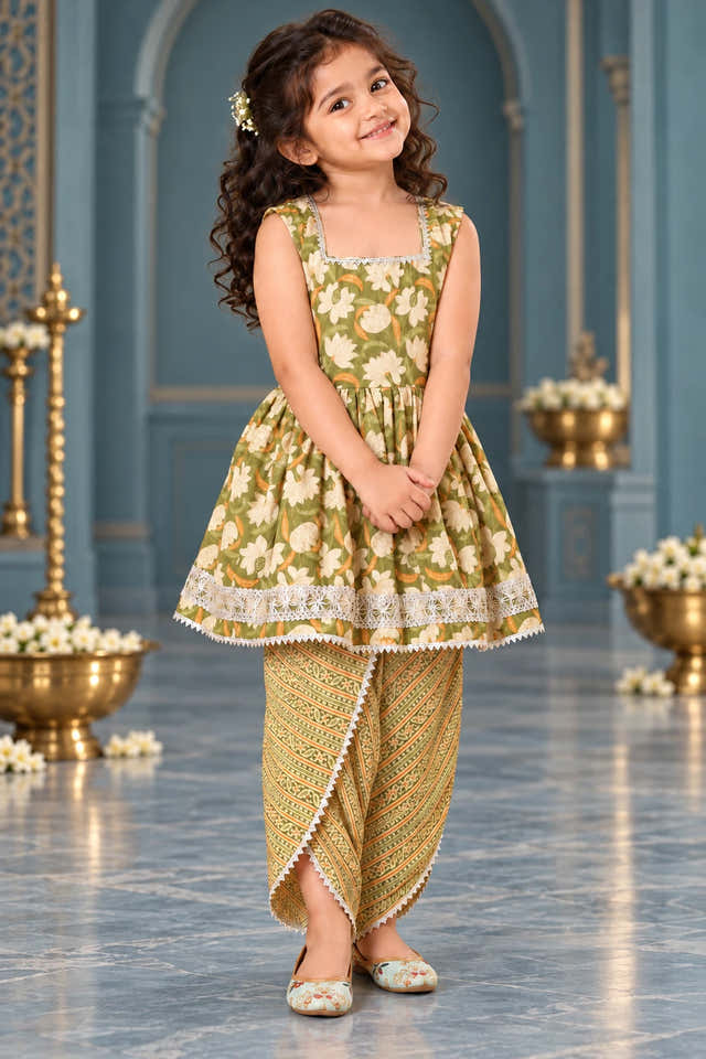 Girls Olive Green Kurti Dhoti Set