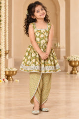 Olive Green Kurti: Trendy Dhoti Set Kids Festive Outfit