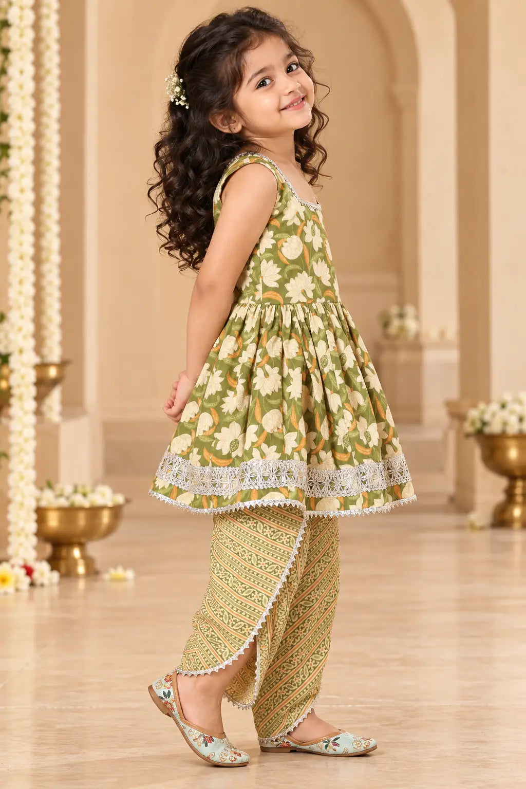 Olive Green Kurti: Trendy Dhoti Set Kids Festive Outfit