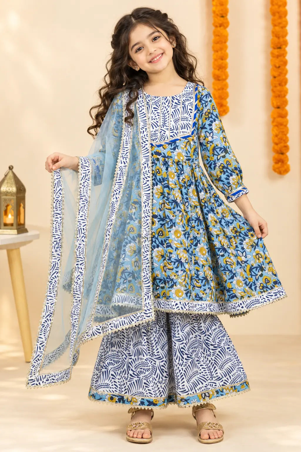 Girls floral print cotton kurta sharara set – photo 1 | Bebe Unicorn