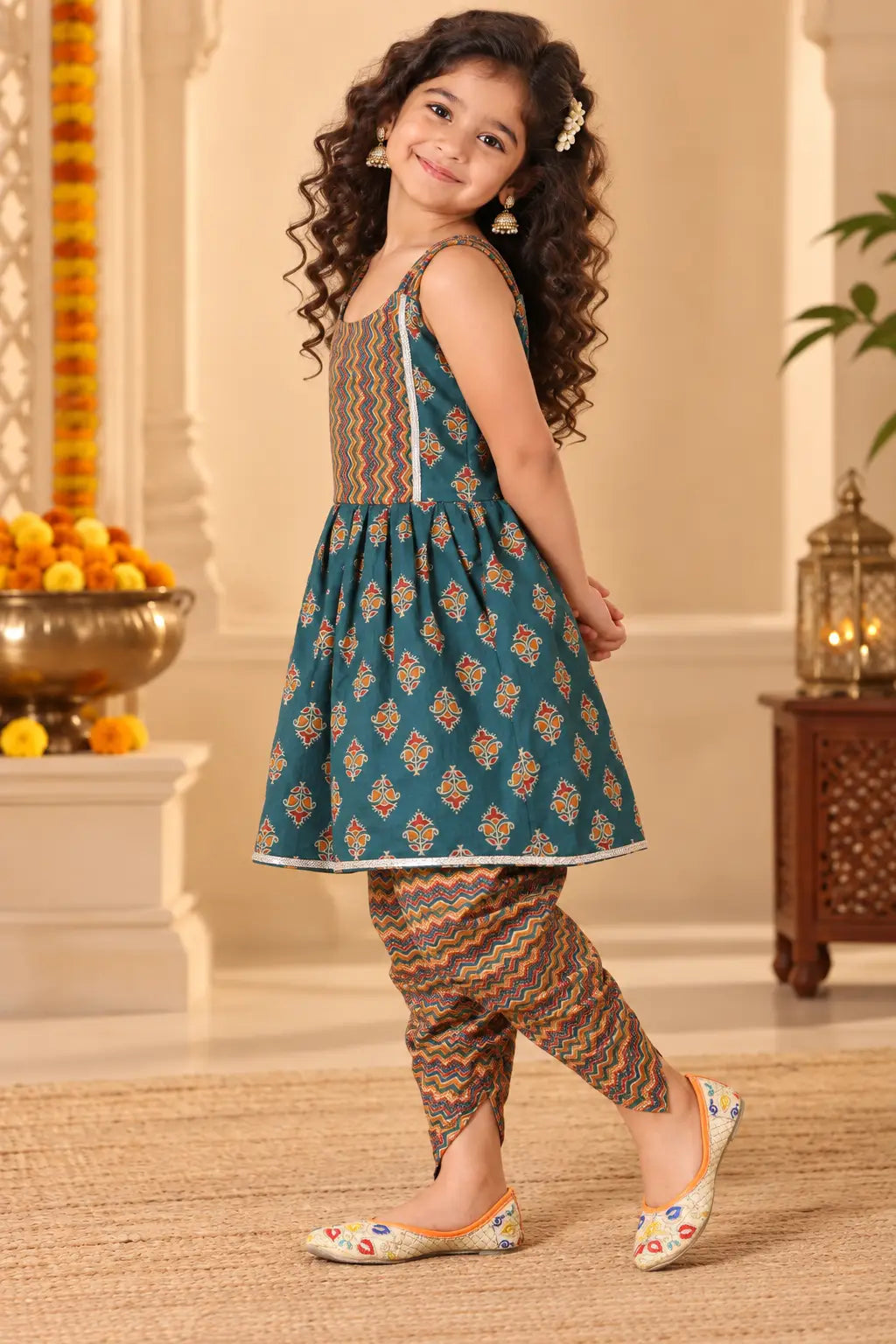 Girls Kurta Dhoti - Fun Green Ethnic Wear For Kids (2-8Y)