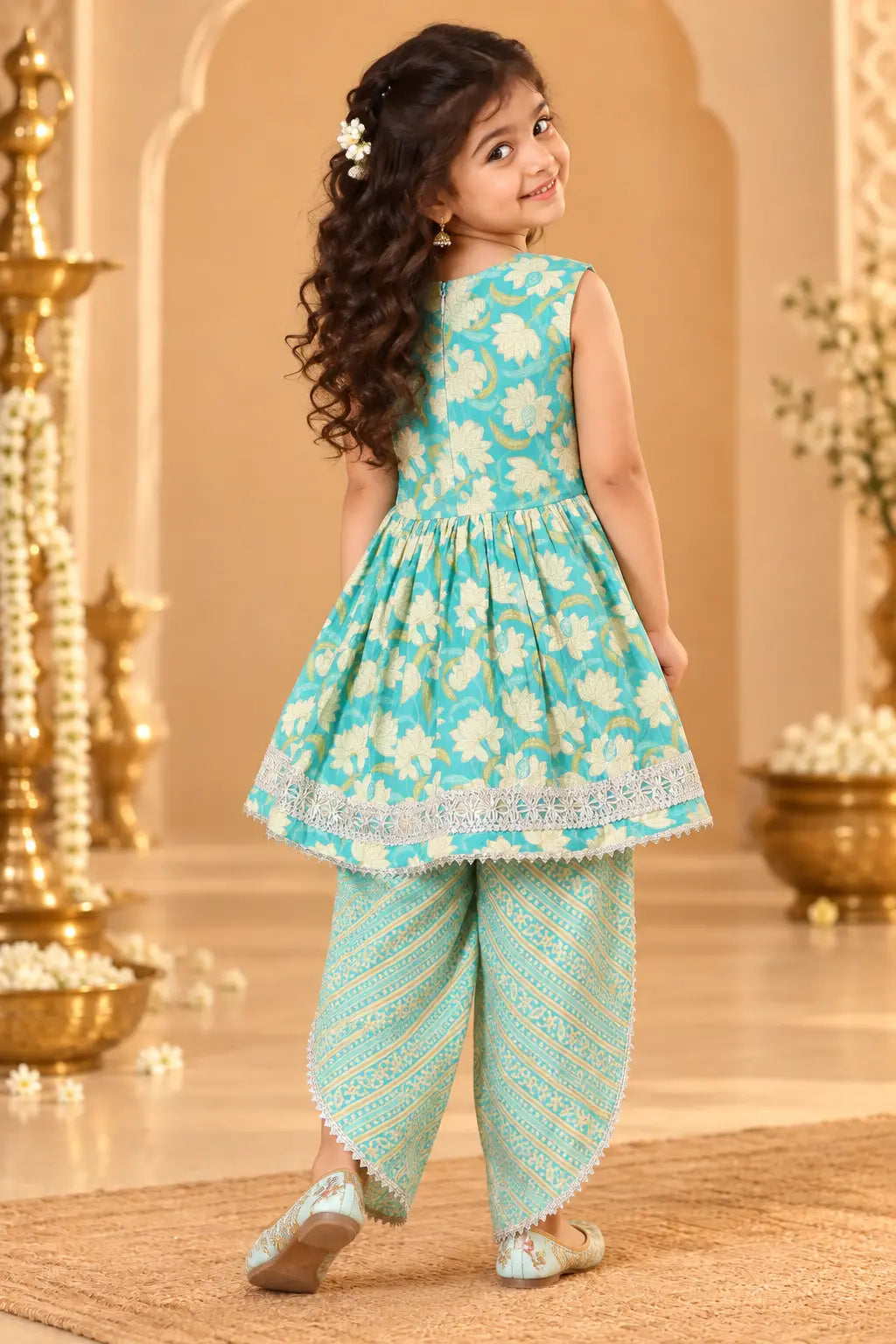 Girls Turquoise Floral Ethnic Dress Set