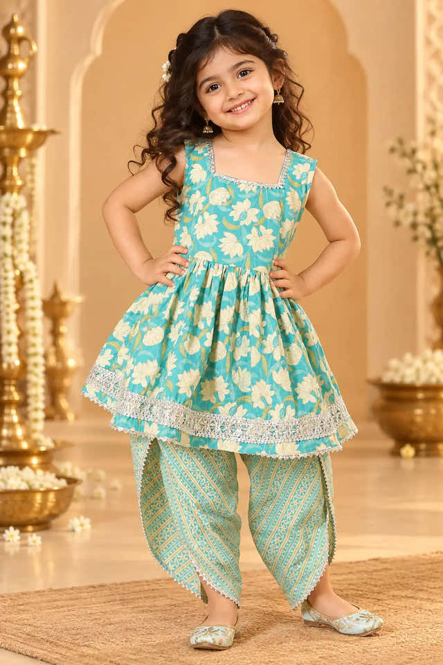 Girls Turquoise Floral Ethnic Dress with Dhoti