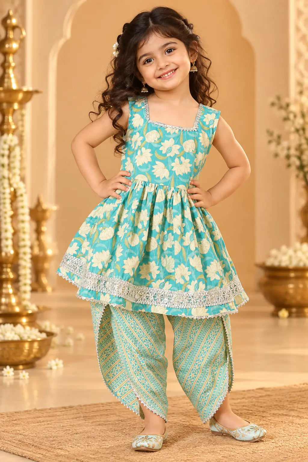 Girls Turquoise Floral Ethnic Dress Set